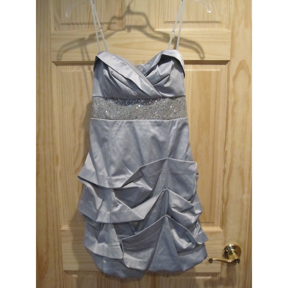 NEW Beautiful Gray Silver Pleated Short Mini Dress Spaghetti Strap Sequins sz 9